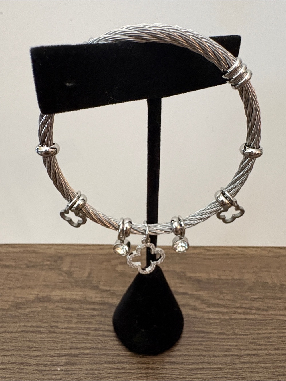 Silver-Tone Cable Bangle Bracelet with Clover Charms